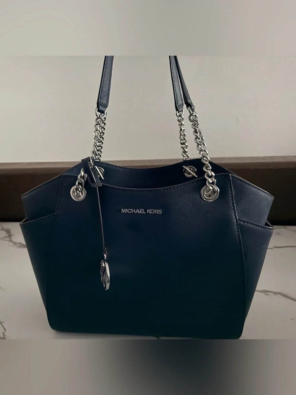 Michael Kors Navy Leather Shoulder Bag with Gold Chain Handles